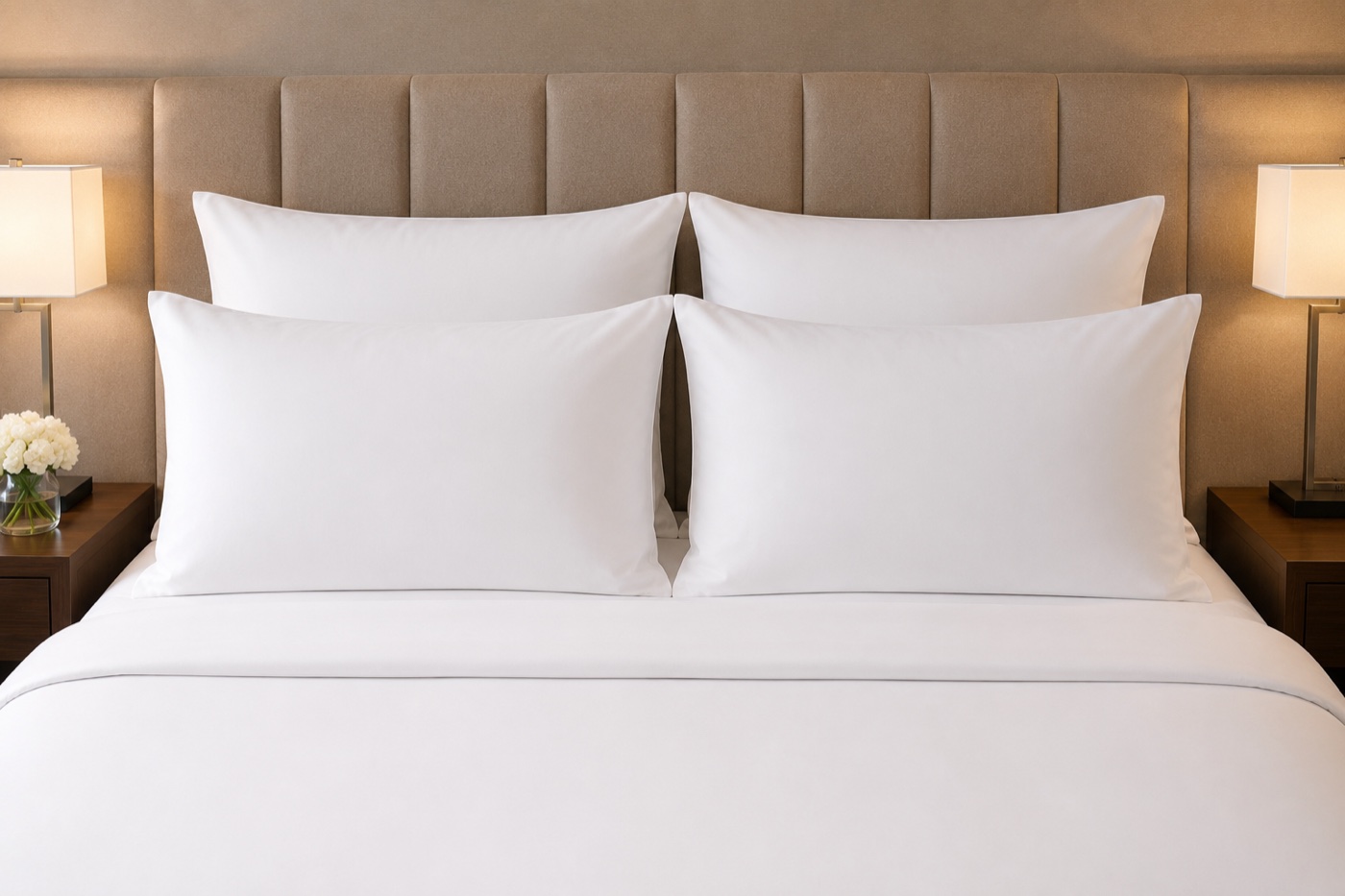 Hotelbett mit vier weiß bezogenen Daunenkissen der Linie Elbe.