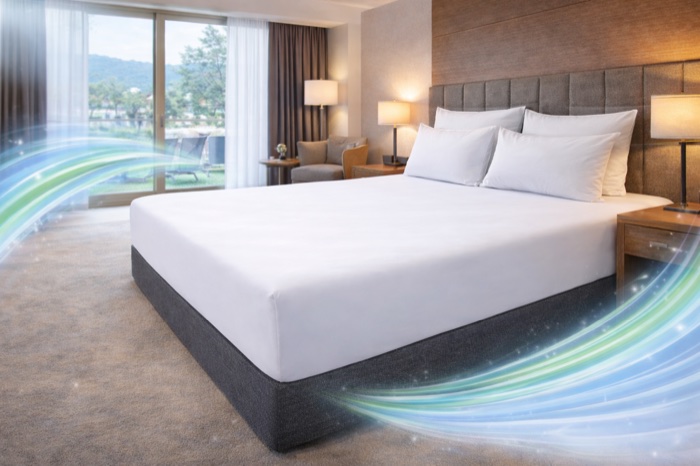 Hotelbett mit glatt aufgezogenem weißem Spannbettlaken und vier Kissen, Blick ins Zimmer.