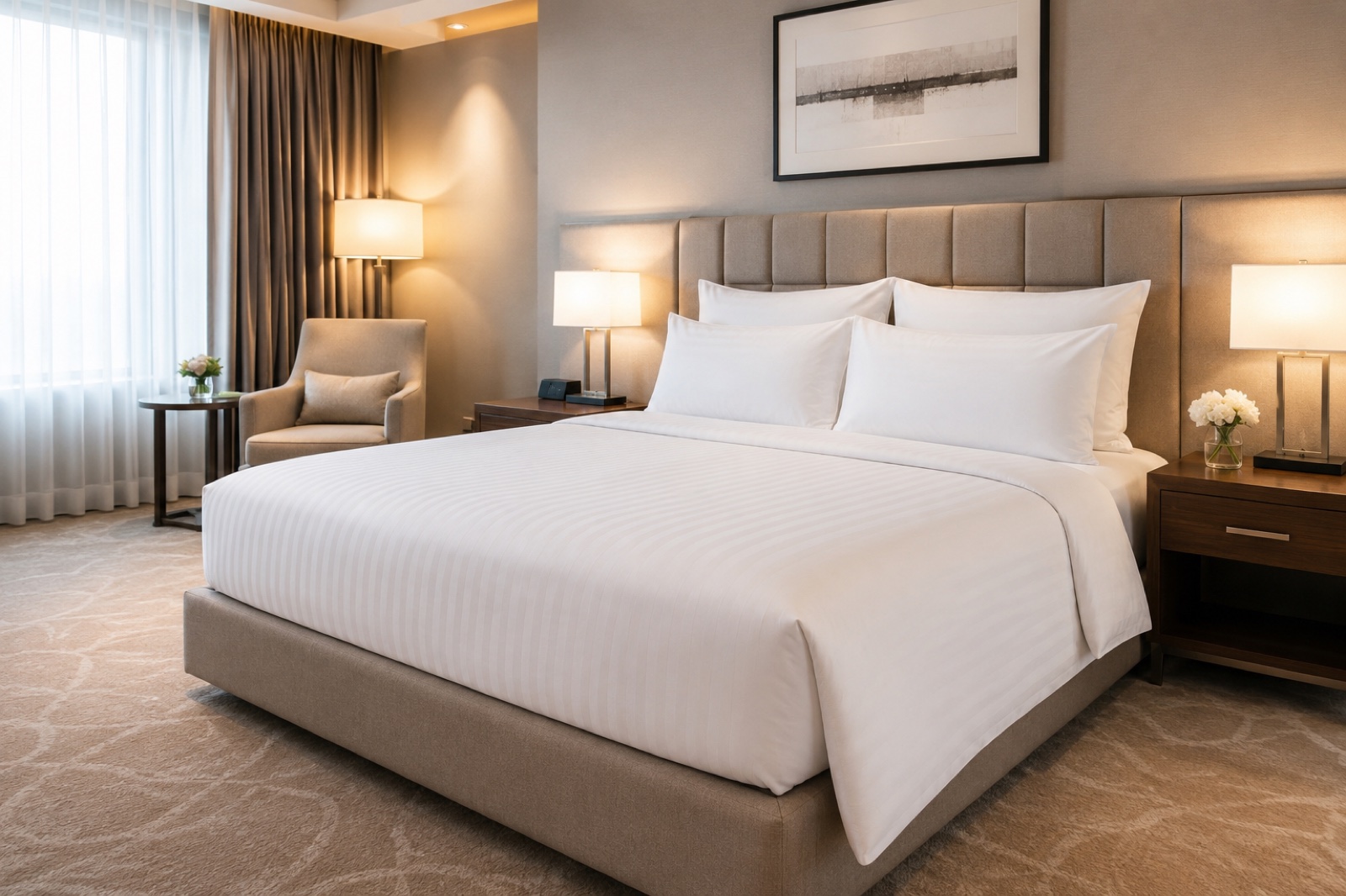 Hotelzimmer mit bezogenem Doppelbett, Nachttischen und Sessel am Fenster.